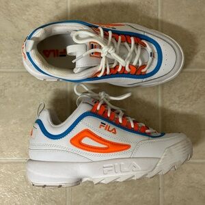 Fila white teal and orange Disruptor sneakers